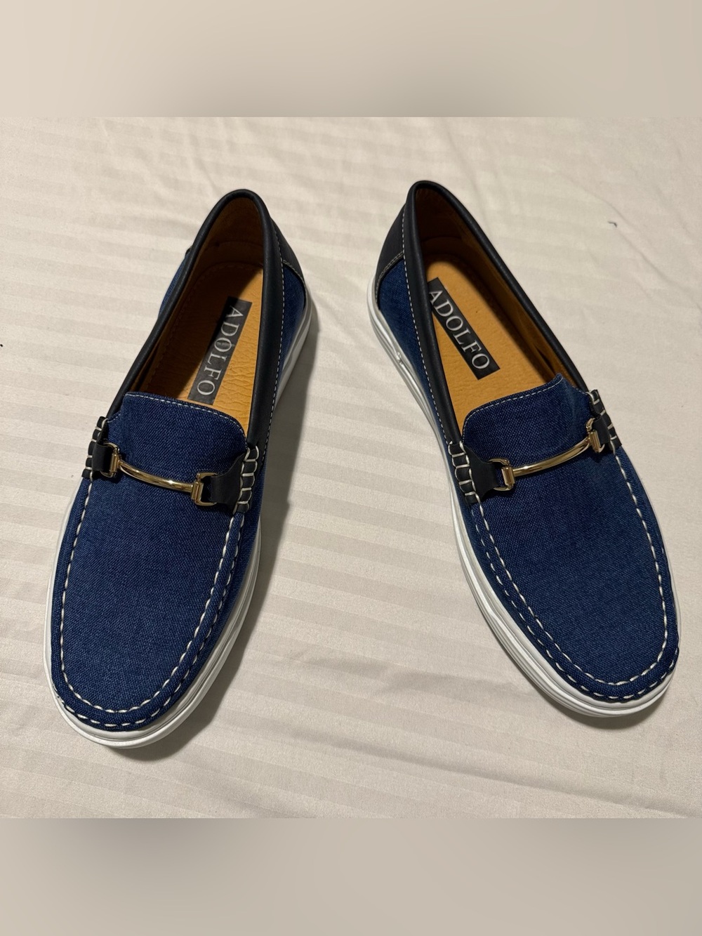Adolfo Navy Blue Slip-On Loafers with Gold Accent